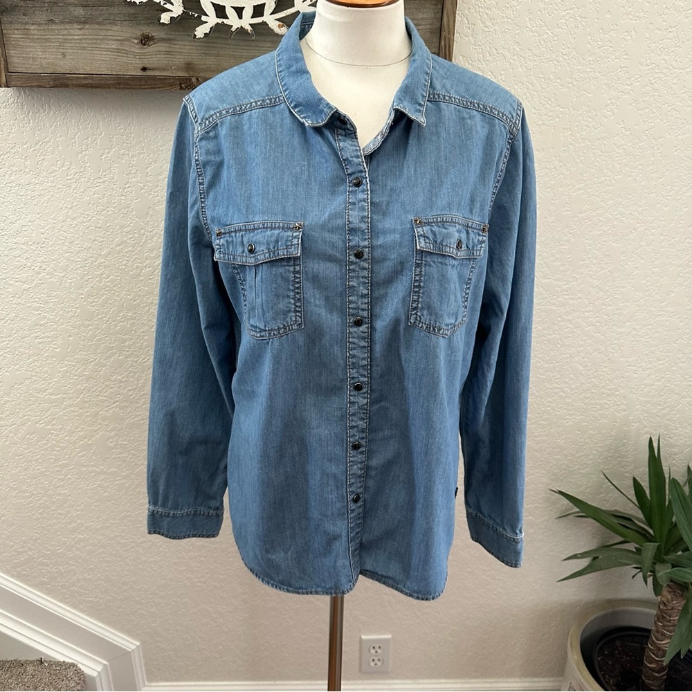Harley-Davidson Black Label Collection Blue Pearl Snap Denim Shirt Ladies XL - Picture 1 of 11